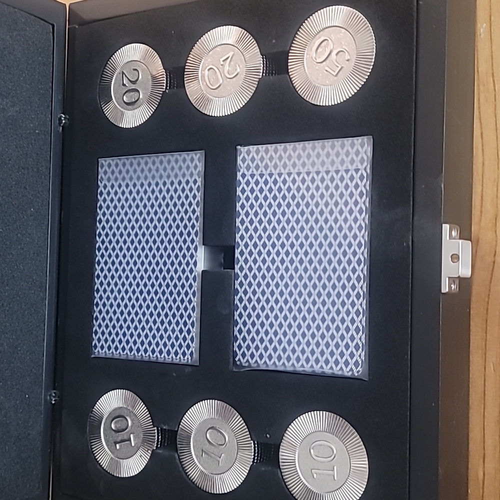 Poker chips and card set.